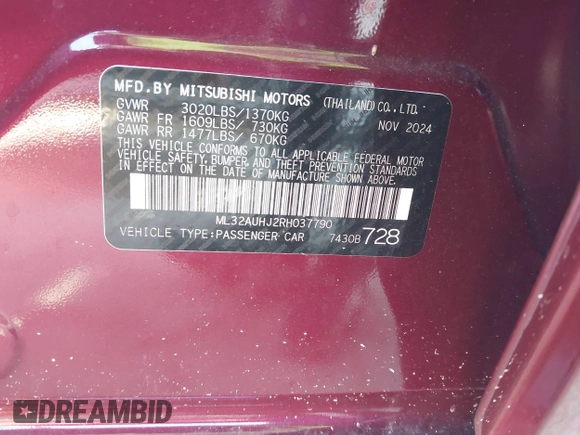2024 Mitsubishi Mirage ES with VIN ML32AUHJ2RH037790, listed as a IAAI auction lot 42376713 with 3,542 mi miles and . Bid and sale history available at DreamBid. Image 9.