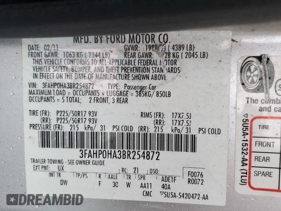 2011 Ford Fusion SE with VIN 3FAHP0HA3BR254872, listed as a Copart auction lot 88966625 with 140,360 mi miles and Salvage Title. Bid and sale history available at DreamBid. Image 12.