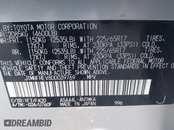 2013 Toyota RAV4 XLE with VIN JTMRFREV8DD039769, listed as a IAAI auction lot 41573734 with 111,129 mi miles. Bid and sale history available at carsss.com. Image 9.