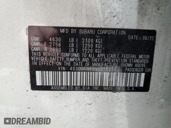 2022 Subaru Legacy Limited z VIN 4S3BWAN66N3025257, wystawiony jako Copart lot #88261465 z przebiegiem 81 061 mil mil oraz Szkoda całkowita • Salvage title. Historia ofert i sprzedaży dostępna na DreamBid. Obrazek 13.
