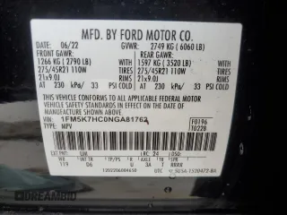 2022 Ford Explorer Platinum с VIN 1FM5K7HC0NGA81762, выставлен на аукционе Copart как лот 74305594 с пробегом 14 354 миль миль и На запчасти • Non repairable. История ставок и продаж доступна на DreamBid. Изображение 14.