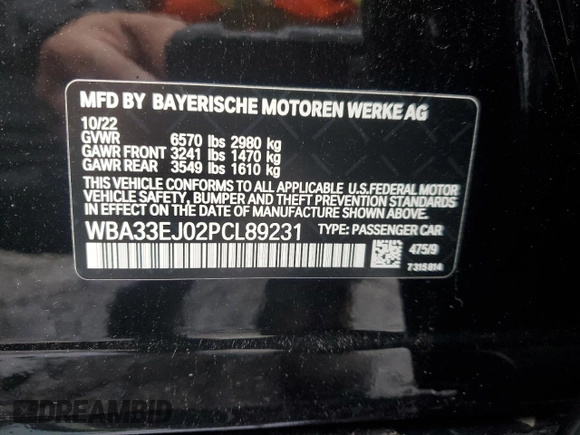 2023 BMW 7 Series 760i xDrive with VIN WBA33EJ02PCL89231, listed as a Copart auction lot 44791555 with 8,156 mi miles and Salvage title. Bid and sale history available at DreamBid. Image 13.
