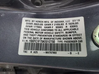 2019 Honda Civic Sedan EX-L with VIN 19XFC1F75KE012750, listed as a Copart auction lot 89275205 with 55,504 mi miles and Salvage Title. Bid and sale history available at carsss.com. Image 12.