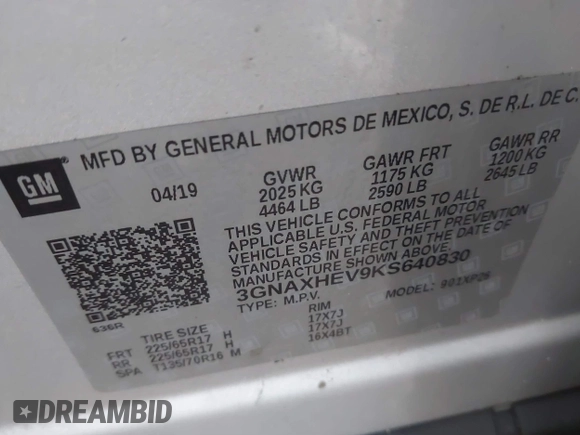2019 Chevrolet Equinox LS z VIN 3GNAXHEV9KS640830, wystawiony jako IAAI lot #41515333 z przebiegiem 105 077 mil mil oraz . Historia ofert i sprzedaży dostępna na DreamBid. Obrazek 9.