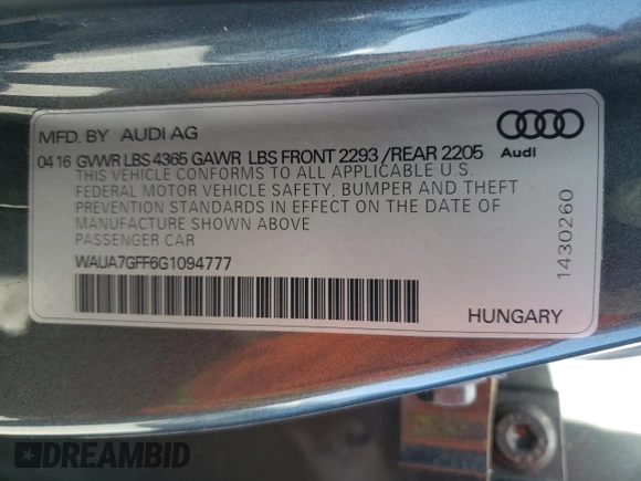 2016 Audi A3 1.8T Premium with VIN WAUA7GFF6G1094777, listed as a Copart auction lot 51149393 with 28,164 mi miles. Bid and sale history available at carsss.com. Image 12.