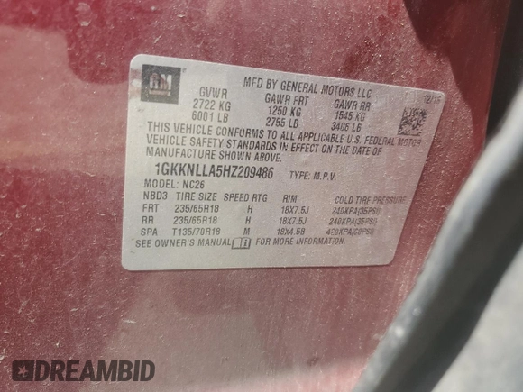 2017 GMC Acadia SLE z VIN 1GKKNLLA5HZ209486, wystawiony jako Copart lot #56102165 z przebiegiem 154 051 mil mil oraz Szkoda całkowita • Salvage title. Historia ofert i sprzedaży dostępna na DreamBid. Obrazek 12.