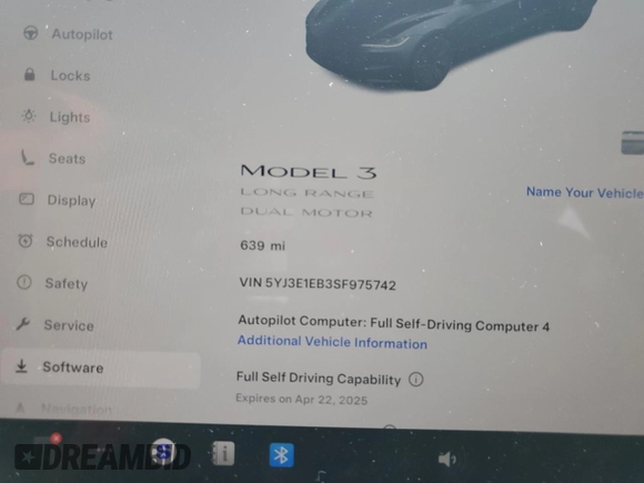 2025 Tesla Model 3 Long Range with VIN 5YJ3E1EB3SF975742, listed as a Copart auction lot 53003905 with 639 mi miles and Salvage title. Bid and sale history available at DreamBid. Image 9.