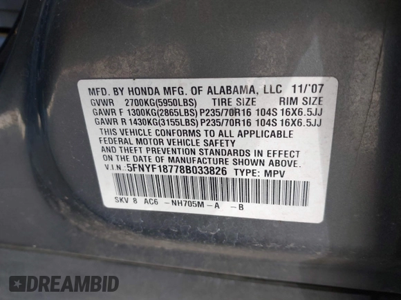 2008 Honda Pilot EX-L with VIN 5FNYF18778B033826, listed as a IAAI auction lot 41836242 with 230,195 mi miles and . Bid and sale history available at DreamBid. Image 9.