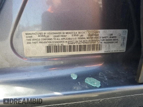 2005 Volkswagen Jetta 2.5L с VIN 3VWDF71K75M601030, выставлен на аукционе Copart как лот 55104325 с пробегом Не указан миль и Списание • Salvage title. История ставок и продаж доступна на DreamBid. Изображение 12.