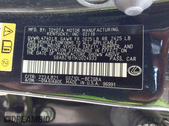 2019 Lexus ES with VIN 58ABZ1B11KU024933, listed as a IAAI auction lot 41920559 with 79,332 mi miles. Bid and sale history available at carsss.com. Image 9.