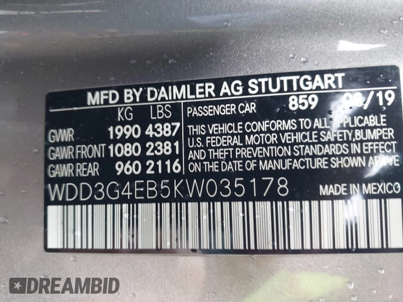 2019 Mercedes-Benz A 220 with VIN WDD3G4EB5KW035178, listed as a IAAI auction lot 41762694 with 68,851 mi miles and . Bid and sale history available at DreamBid. Image 9.