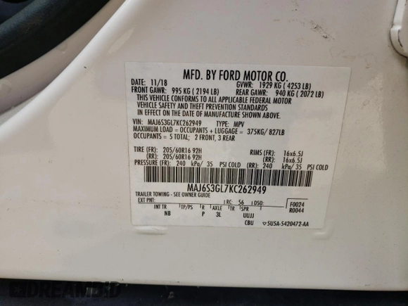 2019 Ford EcoSport SE with VIN MAJ6S3GL7KC262949, listed as a Copart auction lot 44280045 with 49,643 mi miles and Salvage Title. Bid and sale history available at carsss.com. Image 15.