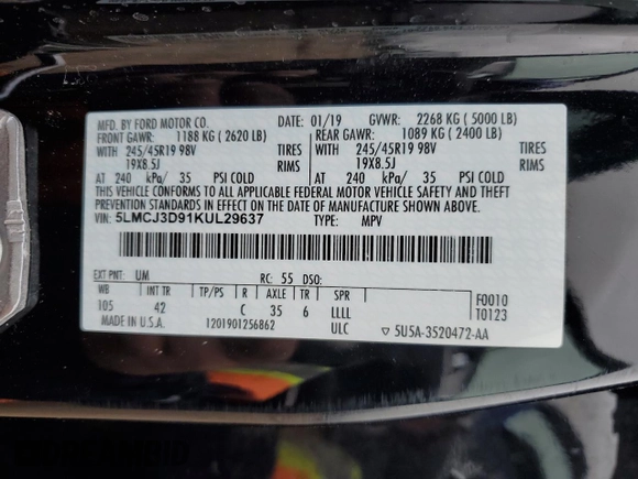 2019 Lincoln MKC Reserve with VIN 5LMCJ3D91KUL29637, listed as a Copart auction lot 54600385 with 79,637 mi miles and Salvage title. Bid and sale history available at DreamBid. Image 13.