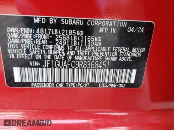 2024 Subaru Impreza Sport with VIN JF1GUAFC9R8368451, listed as a Copart auction lot 86129034 with 102 mi miles and Salvage Title. Bid and sale history available at carsss.com. Image 12.