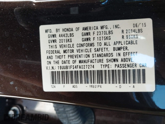 2015 Acura TLX Tech with VIN 19UUB1F54FA027274, listed as a IAAI auction lot 41977673 with 169,691 mi miles. Bid and sale history available at carsss.com. Image 9.