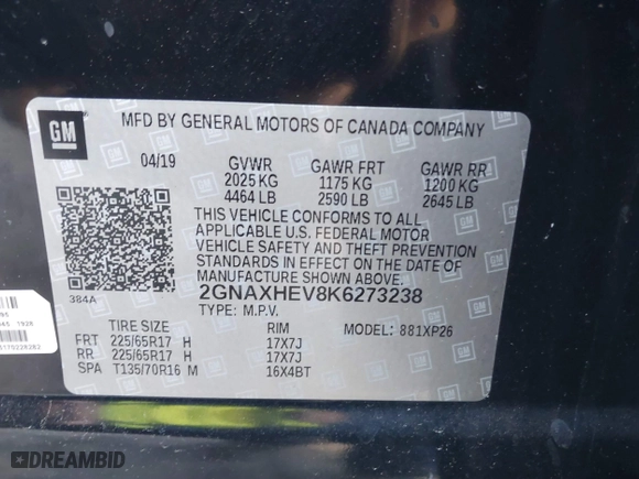 2019 Chevrolet Equinox LS with VIN 2GNAXHEV8K6273238, listed as a IAAI auction lot 41613394 with 88,576 mi miles. Bid and sale history available at carsss.com. Image 9.