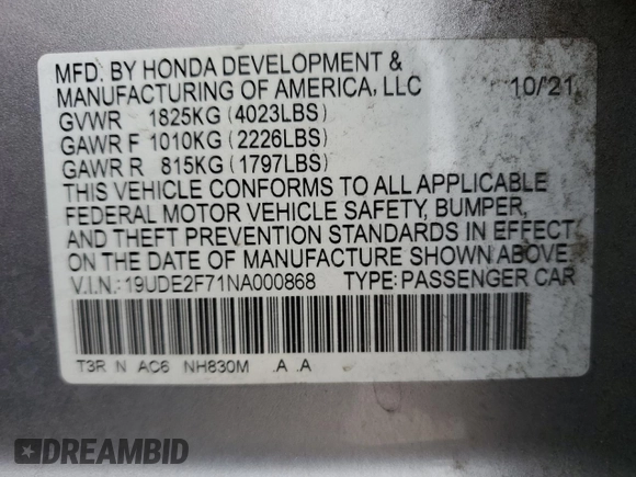 2022 Acura ILX Premium with VIN 19UDE2F71NA000868, listed as a Copart auction lot 79695344 with Not Provided miles and Salvage Title. Bid and sale history available at DreamBid. Image 14.
