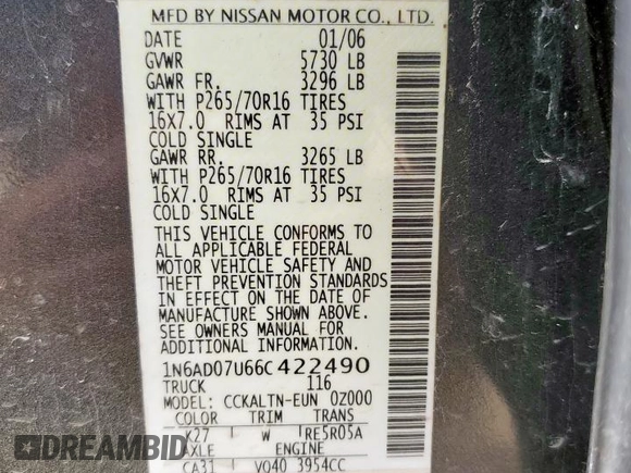 2006 Nissan Frontier SE with VIN 1N6AD07U66C422490, listed as a Copart auction lot 64691415 with Not provided miles and Salvage title. Bid and sale history available at DreamBid. Image 12.