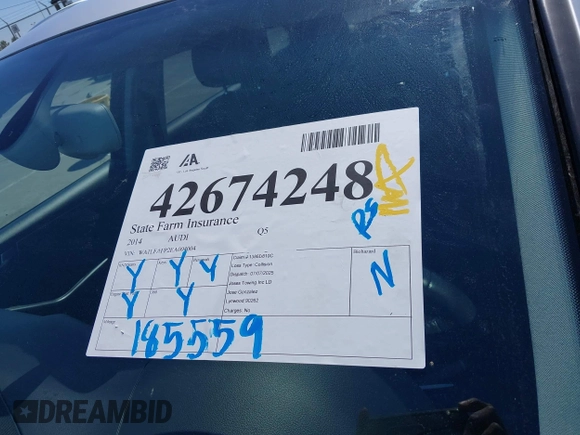2014 Audi Q5 Premium Plus with VIN WA1LFAFP2EA004004, listed as a IAAI auction lot 42674248 with 185,559 mi miles and . Bid and sale history available at DreamBid. Image 18.