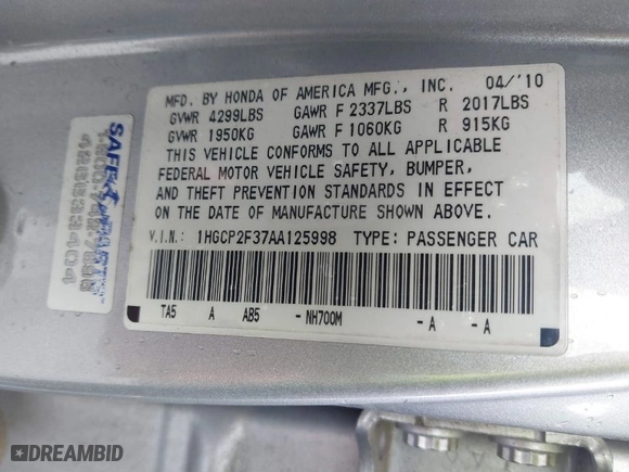 2010 Honda Accord Sdn LX with VIN 1HGCP2F37AA125998, listed as a IAAI auction lot 41863966 with 206,832 mi miles. Bid and sale history available at carsss.com. Image 9.