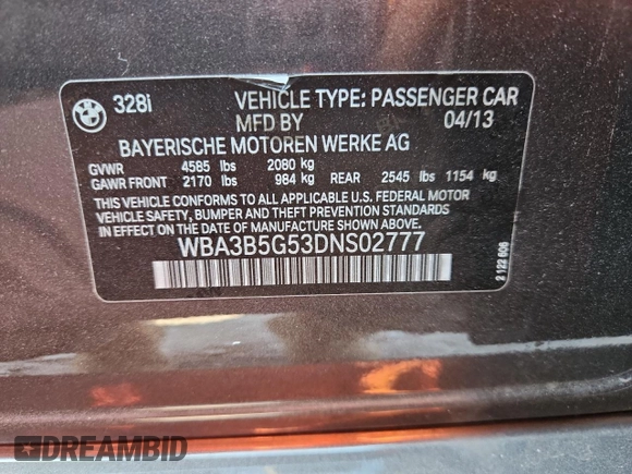 2013 BMW 3 Series 328i xDrive z VIN WBA3B5G53DNS02777, wystawiony jako Copart lot #61685255 z przebiegiem 187 559 mil mil oraz Szkoda całkowita • Salvage title. Historia ofert i sprzedaży dostępna na DreamBid. Obrazek 12.