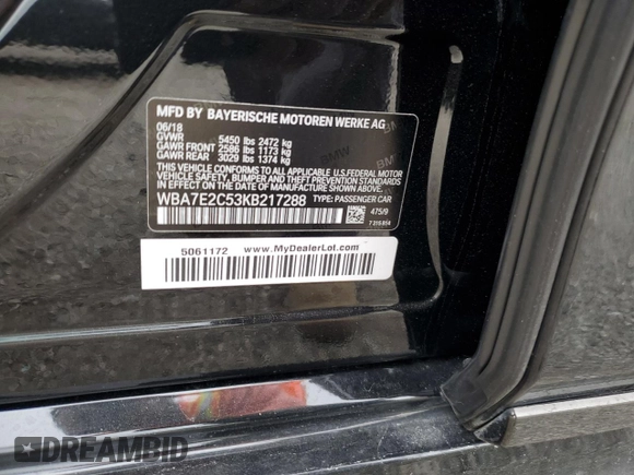 2019 BMW 7 Series 740i with VIN WBA7E2C53KB217288, listed as a Copart auction lot 37246864 with 50,967 mi miles. Bid and sale history available at carsss.com. Image 12.