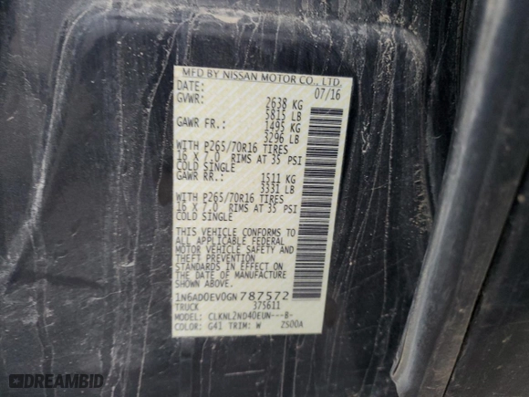 2016 Nissan Frontier S with VIN 1N6AD0EV0GN787572, listed as a Copart auction lot 85504504 with 0 mi miles and Salvage Title. Bid and sale history available at carsss.com. Image 15.