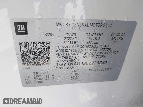 2020 Cadillac XT5 Luxury FWD with VIN 1GYKNAR48LZ236380, listed as a IAAI auction lot 41864893 with 41,585 mi miles and . Bid and sale history available at DreamBid. Image 9.