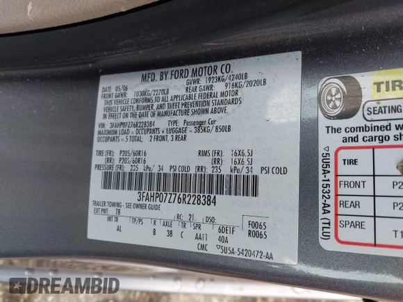2006 Ford Fusion SE with VIN 3FAHP07Z76R228384, listed as a IAAI auction lot 41831760 with 235,854 mi miles and . Bid and sale history available at DreamBid. Image 9.