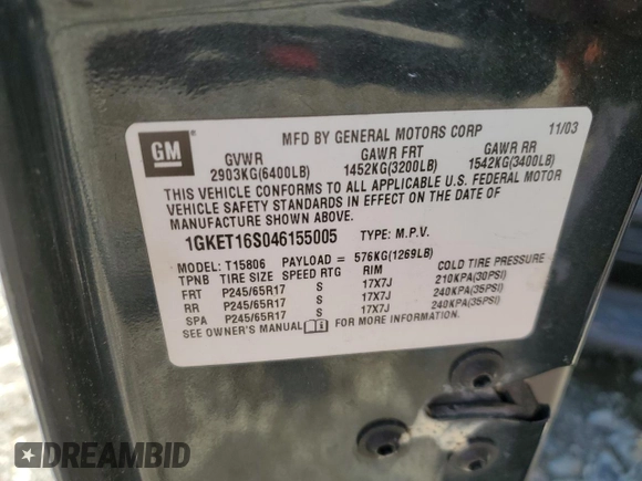 2004 GMC Envoy SLT with VIN 1GKET16S046155005, listed as a Copart auction lot 53554505 with 184,039 mi miles and Salvage Title. Bid and sale history available at DreamBid. Image 13.
