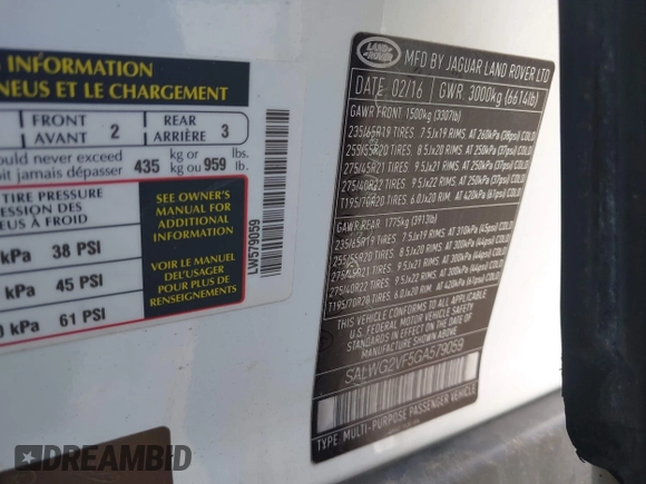 2016 Land Rover Range Rover Sport SE with VIN SALWG2VF5GA579059, listed as a IAAI auction lot 42175005 with 134,244 mi miles and . Bid and sale history available at DreamBid. Image 9.