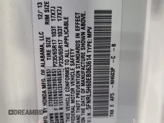 2014 Honda Odyssey EX-L with VIN 5FNRL5H60EB063614, listed as a Copart auction lot 59104265 with 212,665 mi miles and Non repairable. Bid and sale history available at DreamBid. Image 13.