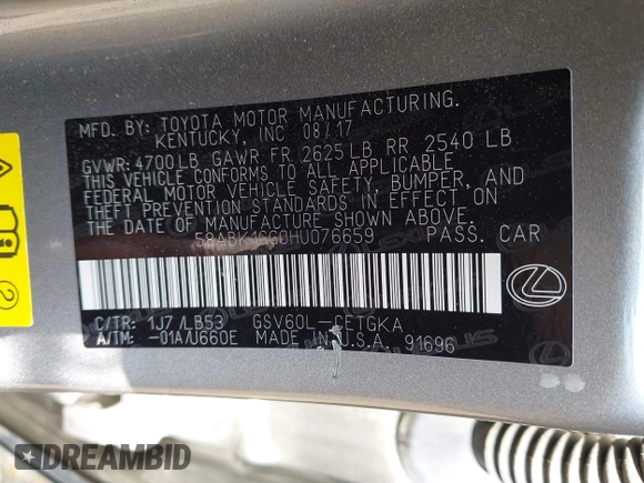 2017 Lexus ES 350 with VIN 58ABK1GG0HU076659, listed as a IAAI auction lot 42341663 with 145,463 mi miles and . Bid and sale history available at DreamBid. Image 9.