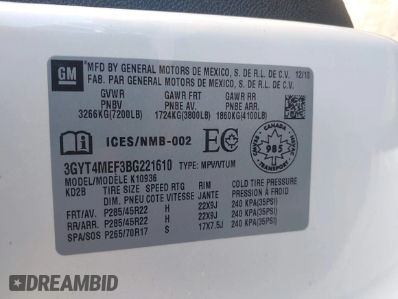 2011 Cadillac Escalade EXT Luxury with VIN 3GYT4MEF3BG221610, listed as a IAAI auction lot 40902182 with 81,580 mi miles. Bid and sale history available at carsss.com. Image 9.