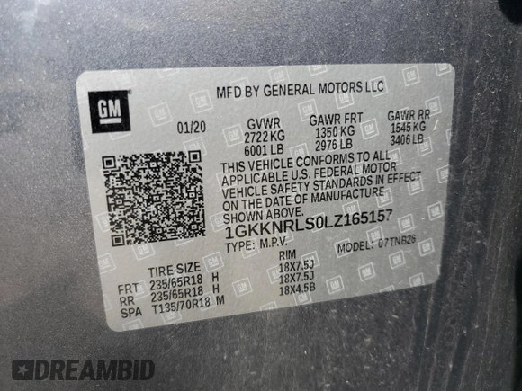 2020 GMC Acadia SLE z VIN 1GKKNRLS0LZ165157, wystawiony jako Copart lot #56304885 z przebiegiem 39 233 mil mil oraz Szkoda całkowita • Salvage title. Historia ofert i sprzedaży dostępna na DreamBid. Obrazek 13.