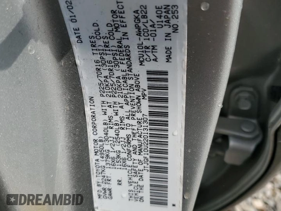 2002 Lexus RX 300 with VIN JTJGF10U220131307, listed as a Copart auction lot 60045555 with 84,945 mi miles and Salvage title. Bid and sale history available at DreamBid. Image 13.
