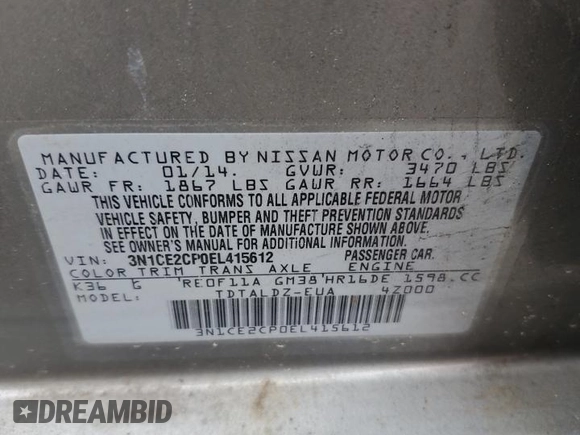2014 Nissan Note S with VIN 3N1CE2CP0EL415612, listed as a Copart auction lot 56296785 with 90,331 mi miles and Salvage title. Bid and sale history available at DreamBid. Image 13.