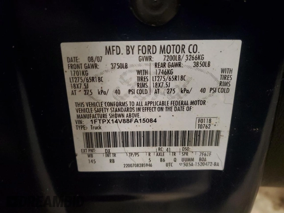 2008 Ford F-150 XLT with VIN 1FTPX14V88FA15084, listed as a Copart auction lot 51579385 with 0 mi miles and Non Repairable. Bid and sale history available at carsss.com. Image 12.