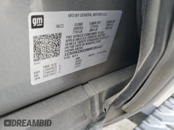 2021 Chevrolet Suburban Z71 с VIN 1GNSKDKD9MR385447, выставлен на аукционе Copart как лот 55764935 с пробегом 74 241 миль миль и Списание • Salvage title. История ставок и продаж доступна на DreamBid. Изображение 13.