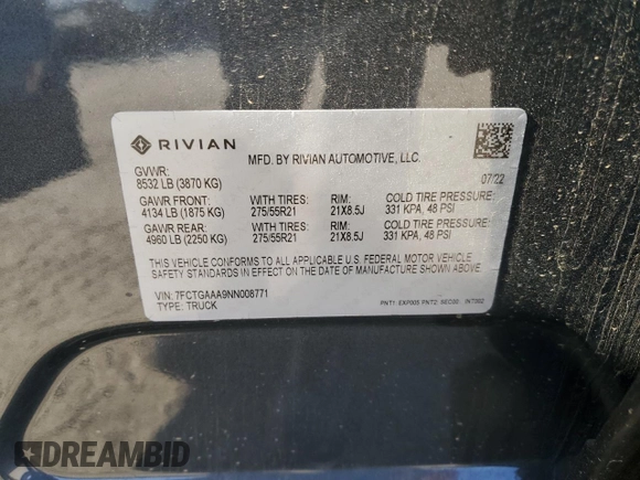 2022 Rivian R1T Adventure z VIN 7FCTGAAA9NN008771, wystawiony jako Copart lot #56243835 z przebiegiem 31 006 mil mil oraz Szkody całkowita. Historia ofert i sprzedaży dostępna na DreamBid. Obrazek 12.