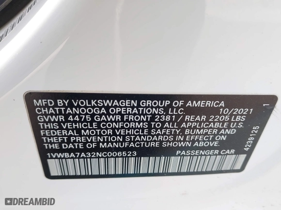 2022 Volkswagen Passat 2.0T Limited Edition with VIN 1VWBA7A32NC006523, listed as a IAAI auction lot 41263642 with 52,578 mi miles. Bid and sale history available at carsss.com. Image 9.