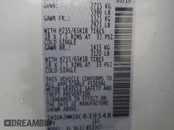 2019 Nissan Pathfinder S with VIN 5N1DR2MM1KC639548, listed as a Copart auction lot 59426945 with 73,412 mi miles and Salvage title. Bid and sale history available at DreamBid. Image 14.