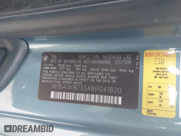2008 BMW 3 Series 335i with VIN WBAWB73548P041820, listed as a IAAI auction lot 42204085 with 137,652 mi miles and . Bid and sale history available at DreamBid. Image 9.