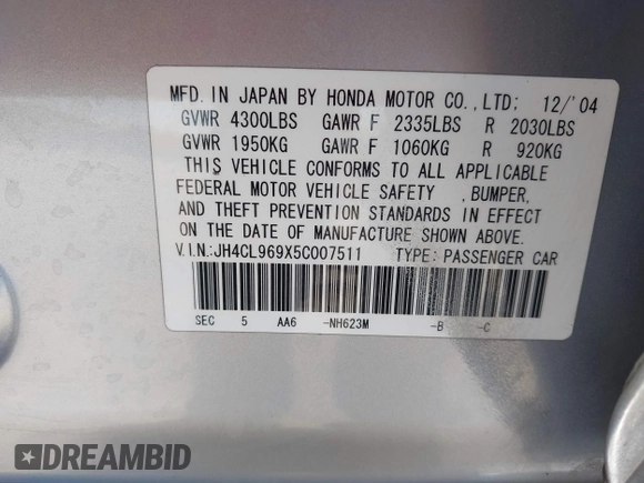 2005 Acura TSX with VIN JH4CL969X5C007511, listed as a IAAI auction lot 42655475 with 197,982 mi miles and . Bid and sale history available at DreamBid. Image 9.