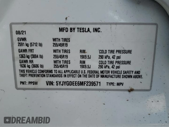 2021 Tesla Model Y Long Range z VIN 5YJYGDEE6MF239571, wystawiony jako Copart lot #56433595 z przebiegiem 58 471 mil mil oraz Szkoda całkowita • Salvage title. Historia ofert i sprzedaży dostępna na DreamBid. Obrazek 14.