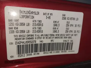 2005 Dodge Caravan SXT with VIN 2D4GP44L05R552278, listed as a IAAI auction lot 42582873 with 131,887 mi miles and . Bid and sale history available at DreamBid. Image 9.