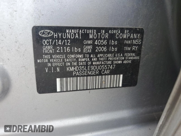 2013 Hyundai Elantra with VIN KMHD35LE9DU055747, listed as a Copart auction lot 62706755 with 119,427 mi miles and Clean title. Bid and sale history available at DreamBid. Image 13.
