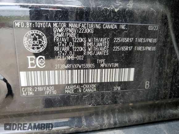 2023 Toyota RAV4 Hybrid XLE Premium with VIN 2T3BWRFVXPW159905, listed as a Copart auction lot 54677155 with 68,268 mi miles and Salvage title. Bid and sale history available at DreamBid. Image 13.