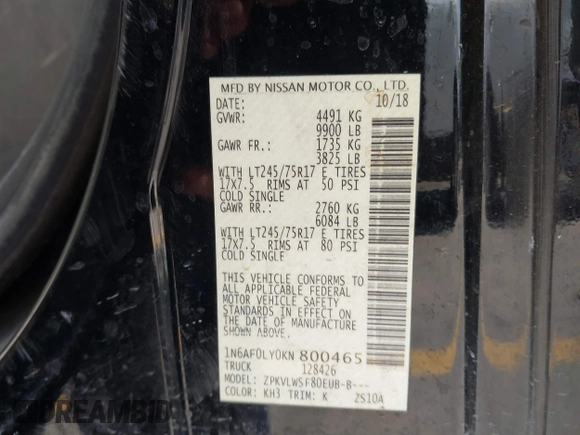 2019 Nissan NV Cargo SV z VIN 1N6AF0LY0KN800465, wystawiony jako IAAI lot #42296328 z przebiegiem 119 472 mil mil oraz . Historia ofert i sprzedaży dostępna na DreamBid. Obrazek 9.