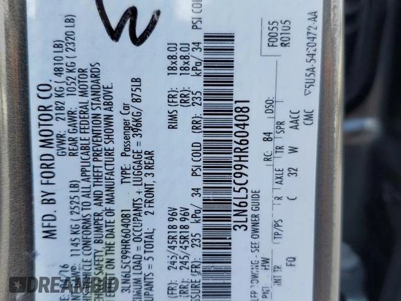 2017 Lincoln MKZ Select with VIN 3LN6L5C99HR604081, listed as a Copart auction lot 53039045 with Not Provided miles and Salvage Title. Bid and sale history available at carsss.com. Image 14.